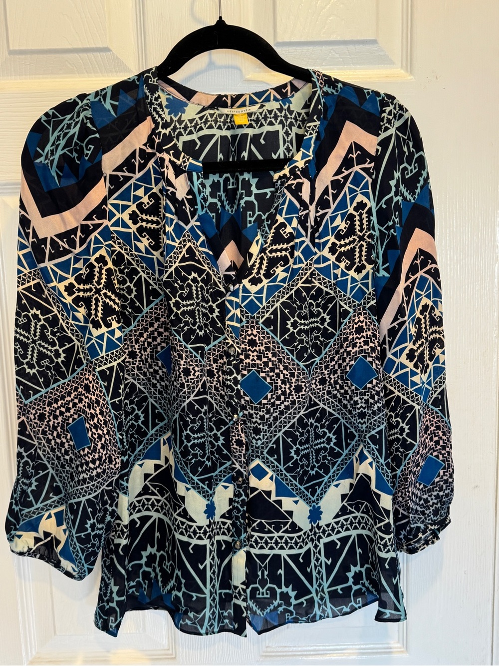 leifsdottir Anthropologie Geometric Print V-Neck Blouse in Blue, Black & Cream